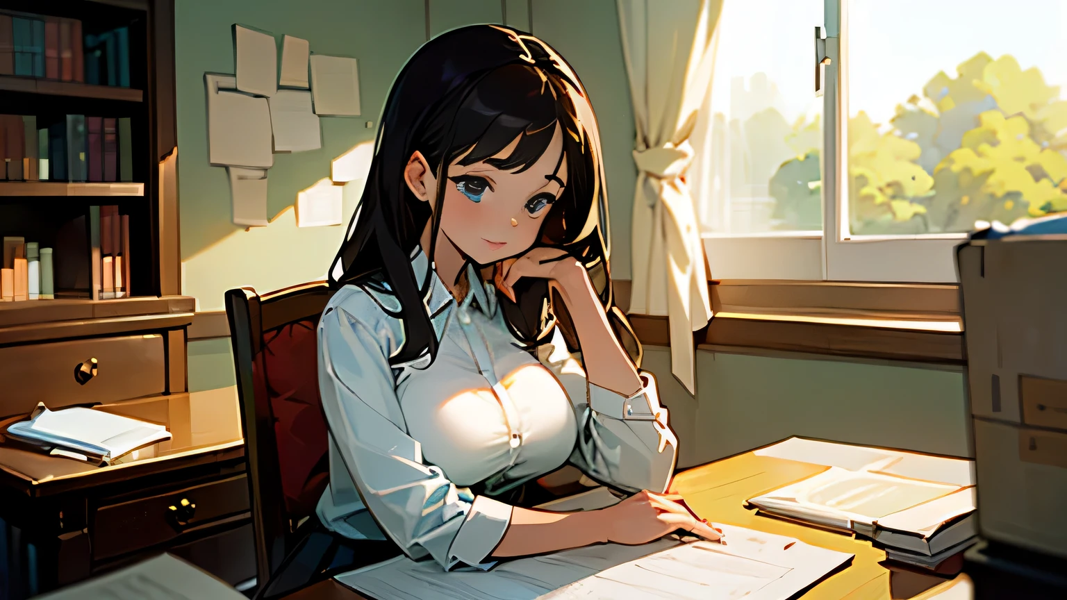 ((highest quality)), ((masterpiece)), (be familiar with), perfect face, an extremely beautiful and cute girl with dark hair and with large breasts, looking down, sitting at a desk in her bedroom, studying, writing, wearing a white shirt and pleated skirt, desk cluttered with books, papers, and a laptop.