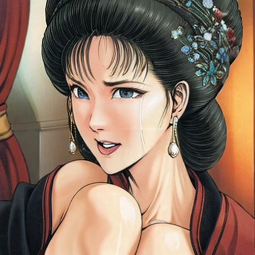 NSFW,mature female,{full_nude},{full_body},big nipple,Pubic hair of the same color as the hair,red cheek, crying, open mouth,skinny,chinese traditional style bed,{best quality}, {very aesthetic}, {ultra-detailed}, {best illustration},masturbation