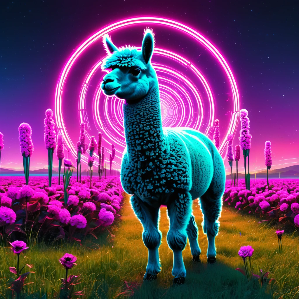 (Cyber Punk), in a Tron like setting a neon hi-lighted Alpaca grazes on a field of highly stylized digital flower