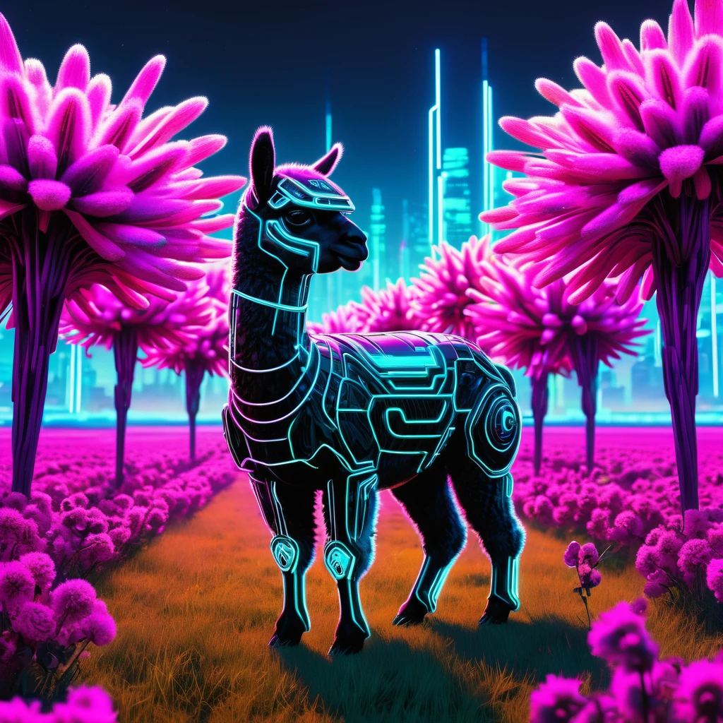 (Cyber Punk), in a Tron like setting a neon hi-lighted Alpaca grazes on a field of highly stylized digital flower