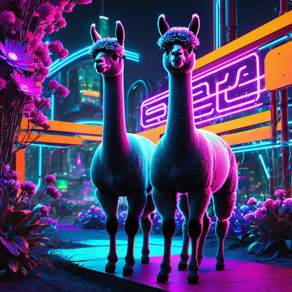 (best quality, highres:1.2), ultra-detailed, realistic:1.37, futuristic, Cyber Punk, Tron inspired, neon-lit, vibrant colors, digital landscape, stylized flowers, Alpaca grazing, surreal scene, mesmerizing, bright and bold, sci-fi elements, glowing neon lights, intricate details.