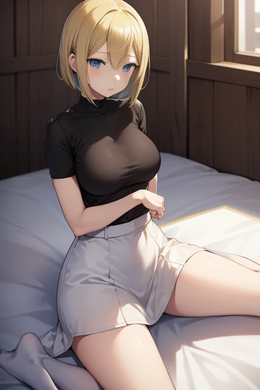 one person, one personの女の子, AiHayasaka, Ai Hayasaka, Blonde Hair, Blonde, Bobcut, bobbed hair, blue eyes, blue scrunchie,  Big Breasts, breast, Flushed Cheeks