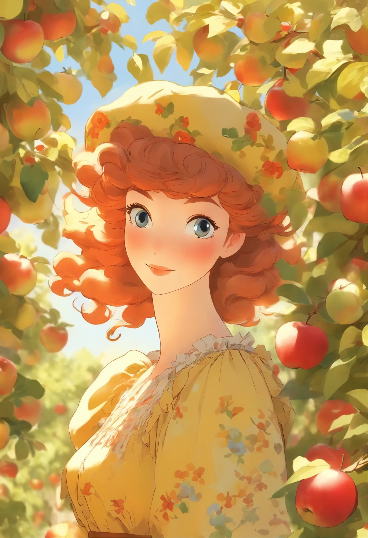 arafed woman in a floral dress and yellow hat standing in an apple orchard, a portrait inspired by Elsa Beskow, pexels, art nouveau, standing in an apple orchard, wearing a french beret, port 8 0 0 ", picking apples from a tree, an oversized beret, with curly red hair, renaissance autumnal, red hair and freckles