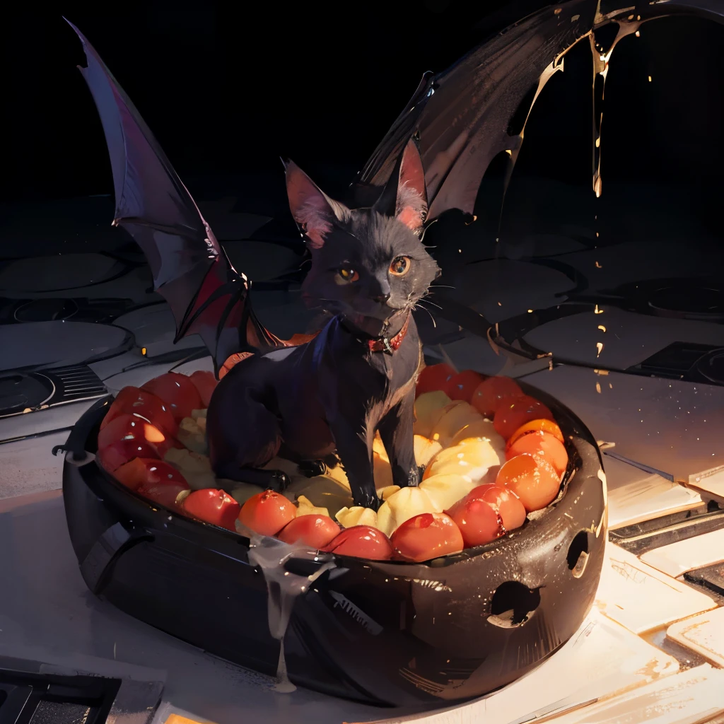 Black cat with red eyes with bat wings
