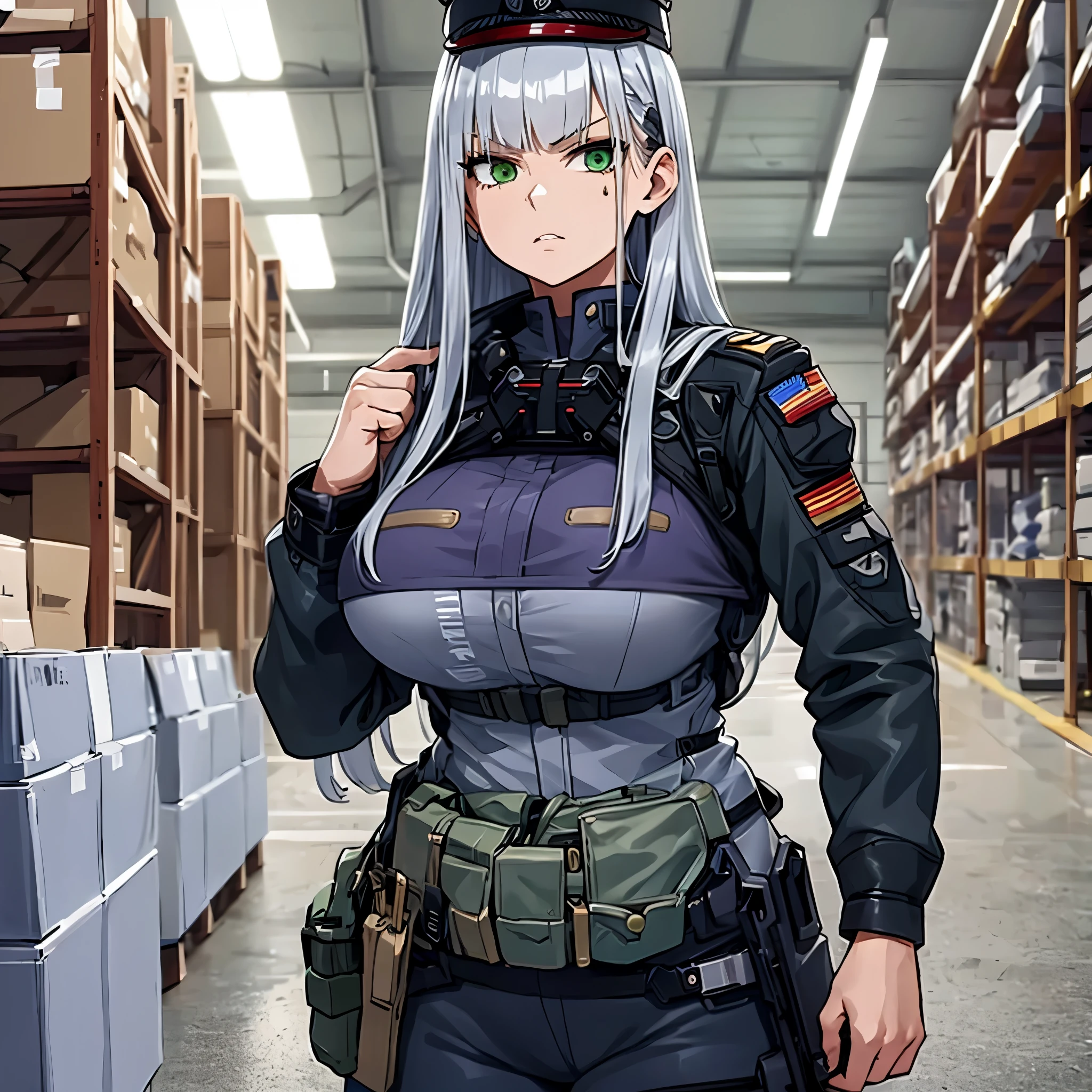 A woman wearing military clothing, military hat, silver hair, green eyes, in a warehouse, with lighting, serious face, large breasts,HDR, ultra resolution, well defined, masterpiece, 8K HD. (solo woman)
