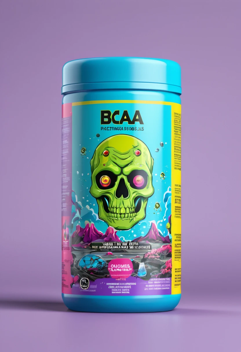 Create packaging for hydration salts with the following characteristics: que ponga en el empaquetado la marca BCAA, con la palabra electrolyte, that has animated zombies and signs of radiation and alien ships, que diga 1000 mg y que sea de colores. 