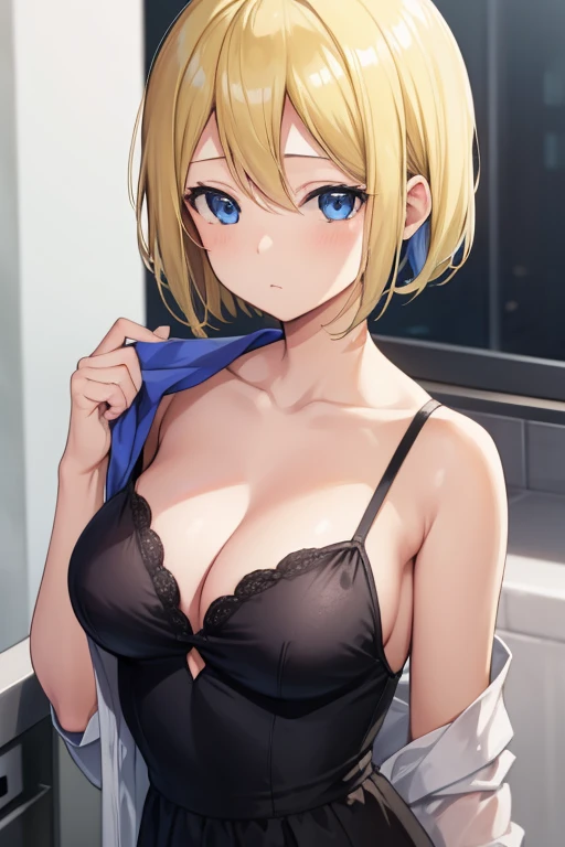 one person, one personの女の子, AiHayasaka, Ai Hayasaka, Blonde Hair, Blonde, Bobcut, bobbed hair, blue eyes, blue scrunchie,  Big Breasts, breast, Flushed Cheeks