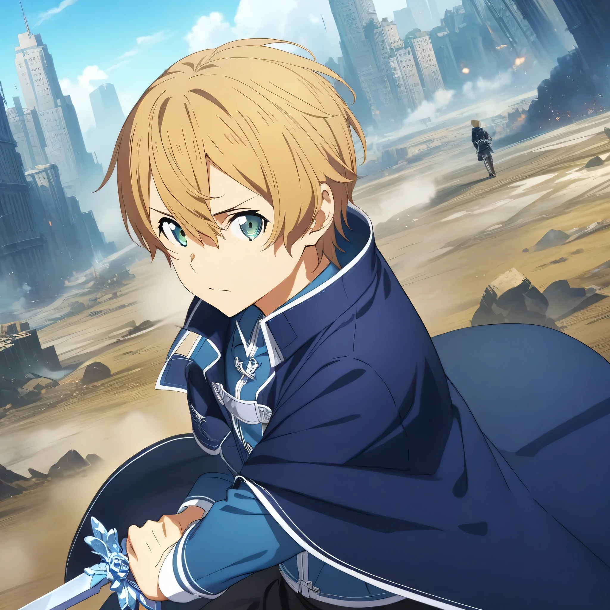 (masterpiece),(best quality),(ultra-detailed),(best illustration),(best shadow),(absurdres),(detailed background),(very aesthetic), looking at viewer, eugeo, 1boy, solo, holding sword, facing viewer, serious, upper body, battlefield background, destroyed cities, close up view,