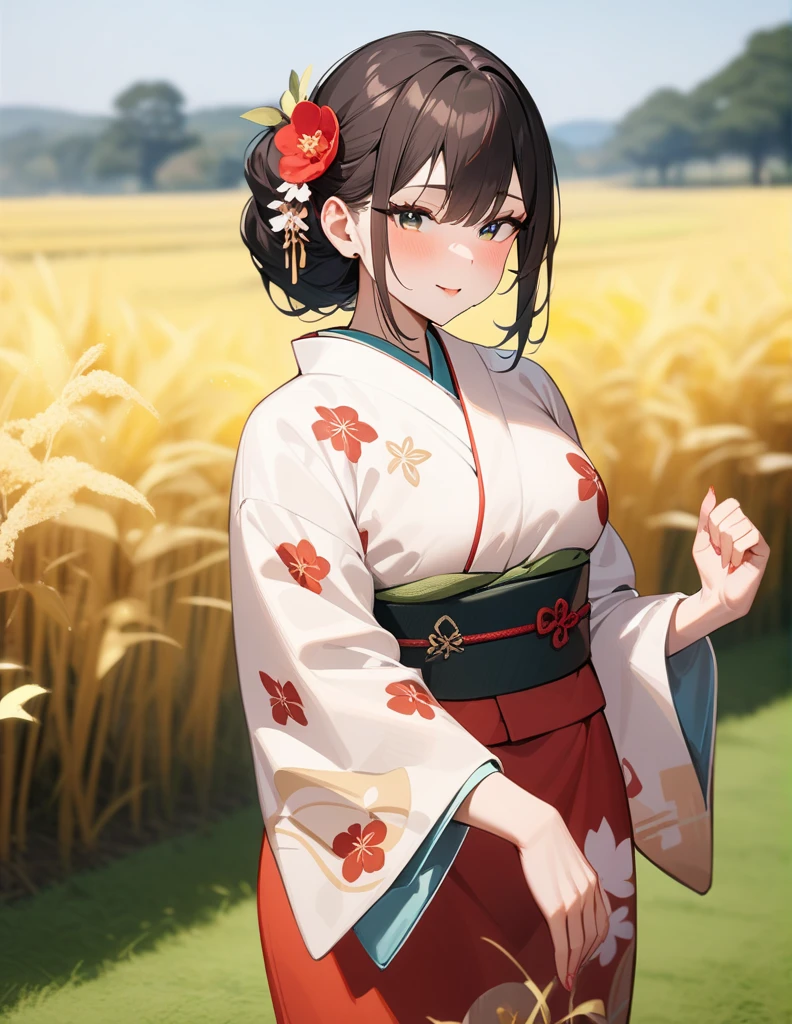 1girl, female focus, thick body,kimono,model photography,field background, masterpiece, best quality, very aesthetic, absurdres
