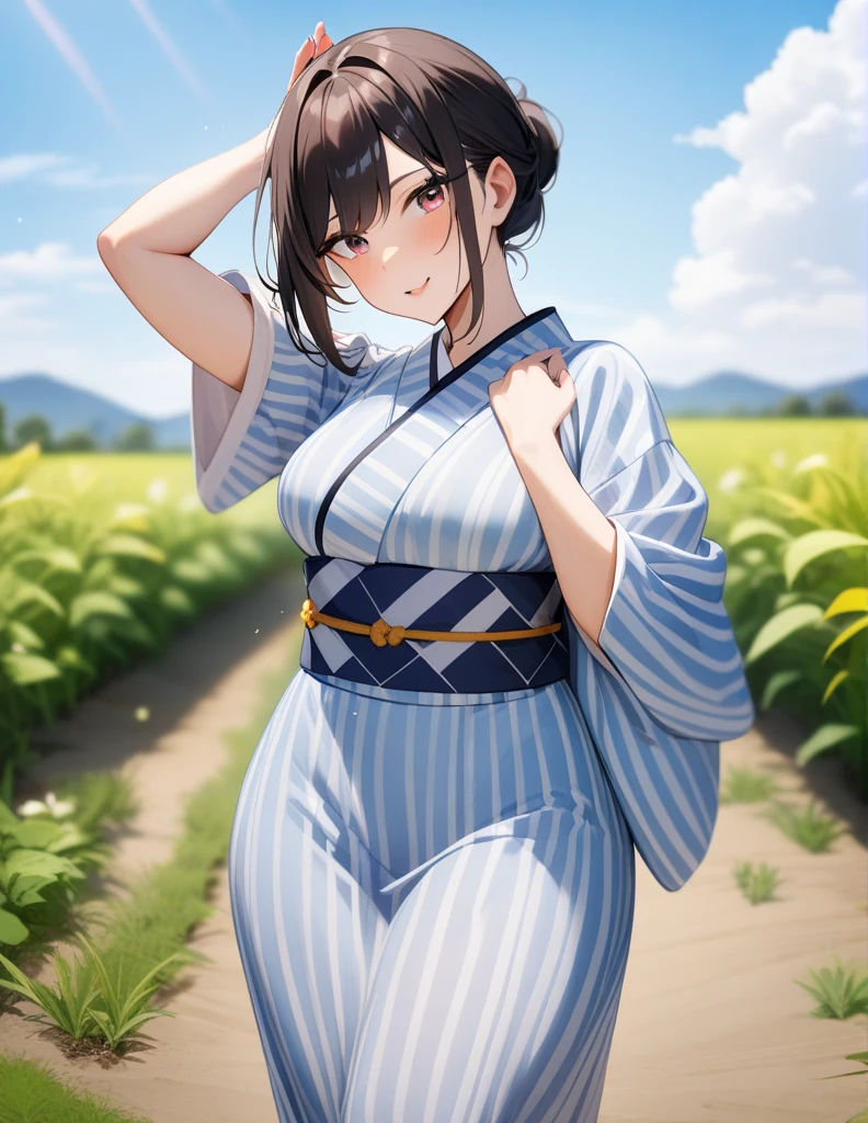 1girl, female focus, thick body,kimono,model photography,field background, masterpiece, best quality, very aesthetic, absurdres