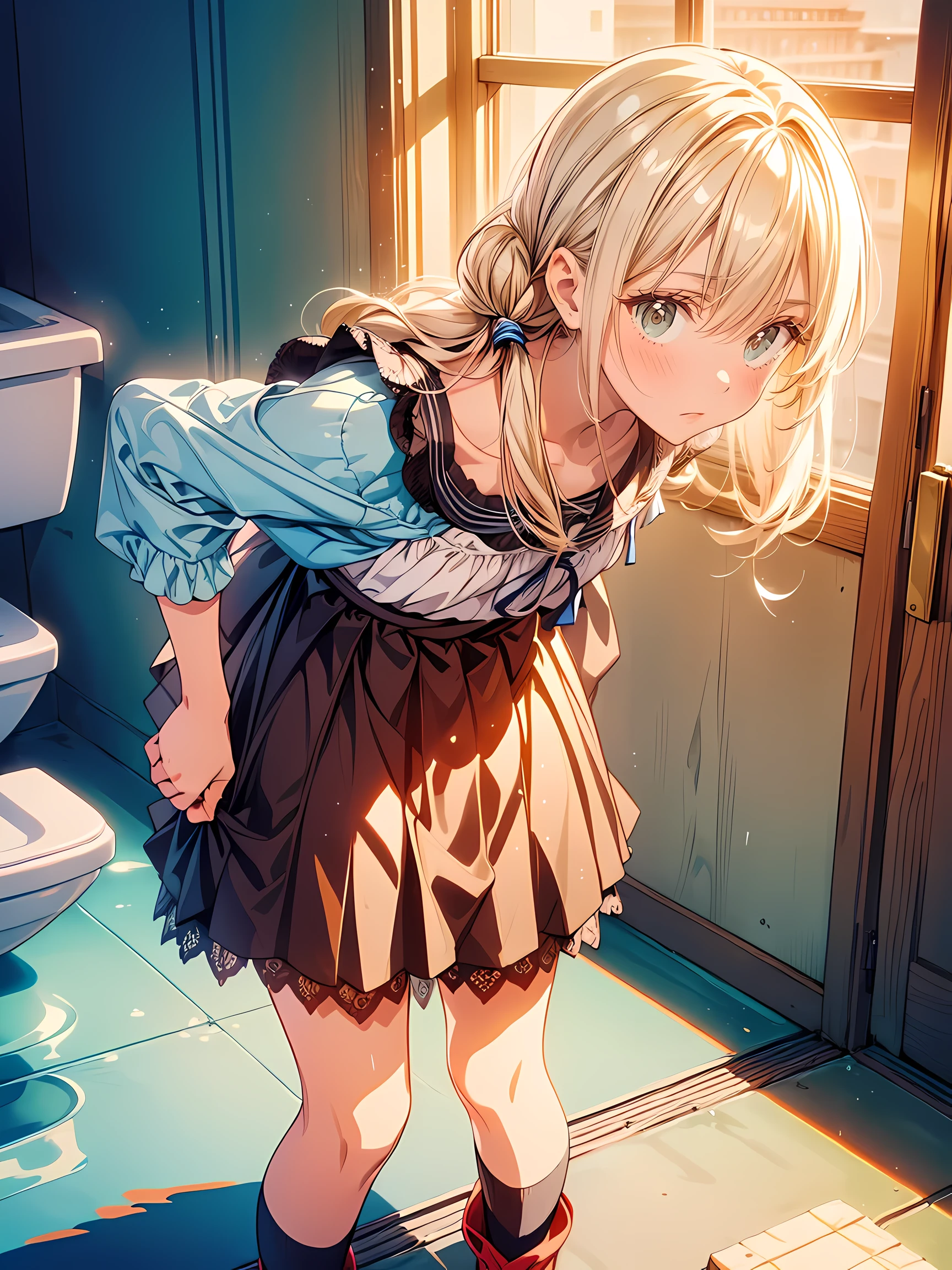 long hair,hair over one eye,twintails,pink hair,Nose Blush,(1 girl, I have to Pee, Pee herself, Pee, Pee self, Are crying, I really want to pee, I have to Pee, I have to Pee, Pee, Pee self, Pee, Pee self:1.5), (Toilet girl, urinal behind girl, long dress, lace bolero, long skirt, petticoat, footwear, I have to Pee, Knees together and feet apart, skirt lift, take off panties:2), (hand between legs, leaning forward), (shrug:2), (erotic twists of the body:1.5), (despair, impatient, timid, blush all over the face, embarrassing, Clog breath, panic, Moist eyes:1.5), (girls can't stand up straight:1.6), (arch your back, Proudly), (highest quality:2), (detailed face, compensate, lips), From above