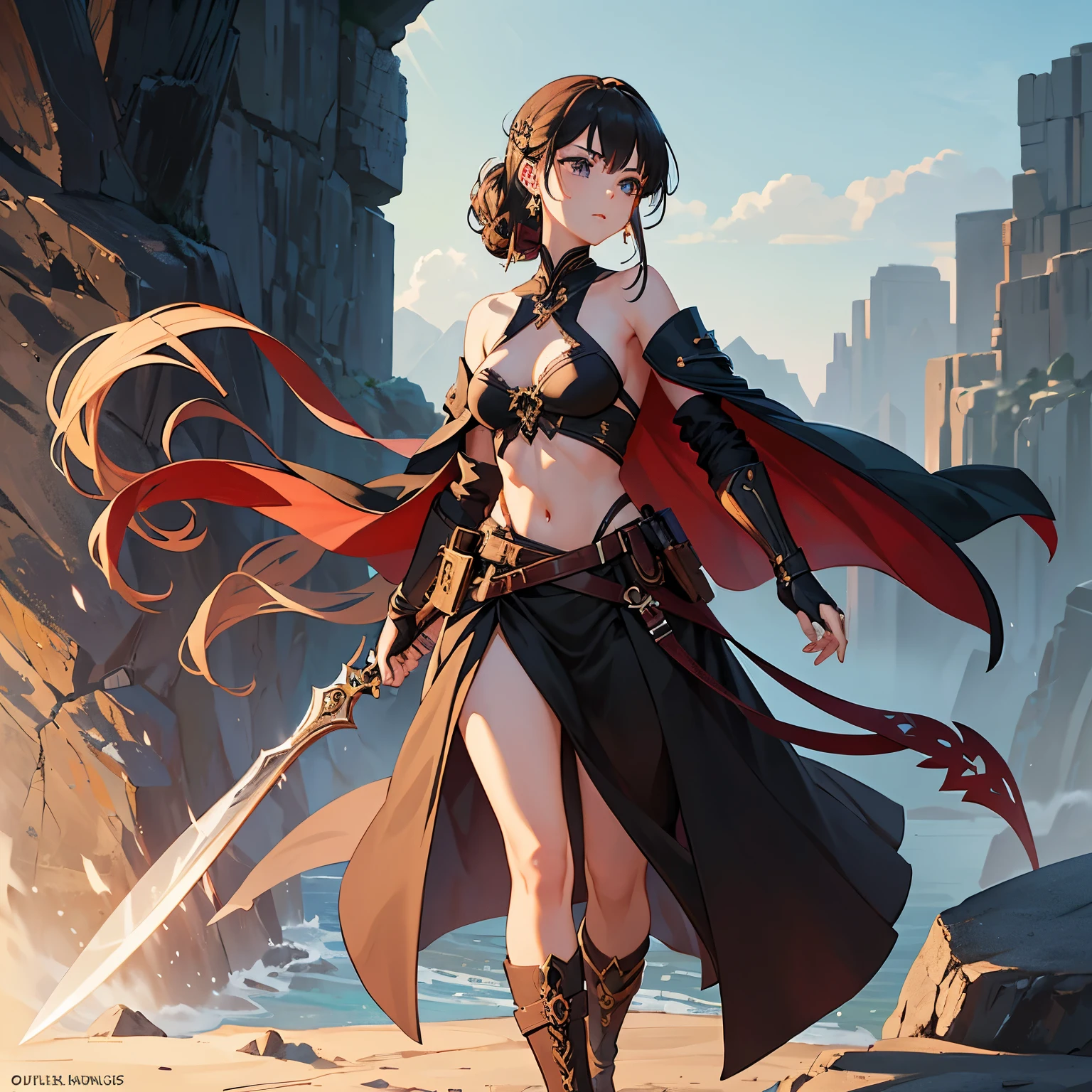 Standing in a dimly lit place、A stunningly beautiful and courageous woman, mysterious forest. 彼女はRebellious Auraを醸し出している, Her short hair and defiantly bright eyes. Dressed up in a blend of rugged leather and elegant fabrics, She looks dangerous and attractive at the same time.. In her hands, 彼女はExquisitely crafted剣を持っている, A symbol of her strength and skill. The bandkground is a misty landsCape, Propose a grand journey. The lighting is dramatic, Adding shadows to the scene makes it more mysterious and powerful. The overall atmosphere is one of adventure., Romance, andSigns of Danger, 
break
Beautiful female bandit, alone, (slim:1.2), (Perfect Anatomy), Rebellious Aura, long flowing hair, Shining, defiant eyes, rugged leather attire, Elegant fabric, Exquisitely crafted剣, mysterious forest, Misty landsCape, Dramatic lighting, Shadowy atmosphere, Adventure and Romance, Signs of Danger, Very delicate and beautiful western girl, alone, Perfect Eyes, Exquisitely crafted beautiful Prismatic eyes, View your viewers, Exquisitely crafted skin, Perfect Anatomy, (Alpenglow:1.2), Indomitable spirit, Fearless determination, Resilient Warrior, Unwavering Courage, Fierce determination, Resolute Defiance, Bold rebellion, Tenandious fighter, Enhanced Courage, Warrior spirit, middle earth, hairnight Charging into battle on horsebandk, Wield a spear、Wearing heavy armor, Female Viking, average length, slim, Heart-Shaped Fande, 日焼hair肌, Auburn Hair, blue eyes, [[crooked nose]], pout, Protruding chin, Shoulder-length hair, Coarse hair, High Chignon, Small breasts, threader earrings, gloss velvet lipstick, Vast castle, Perched on a rocky cliff overlooking the sea, tolkien,
break
armor, belt, boots, Cape, Cape, corset, fingerless gloves, fire, Gauntlet, gloves, Food, Fooded Cape, jewelry, knife, lanthanum, mask, abdomen, Mole, Mole under mouth, mouth mask, belly button, necklande, Pouch, scar, arms, Ancient Myth Chronicles Room, Terrandotta,Gneiss, Moonlight reflecting on snow, Wall cleaning, [(detailed:1.2): [ (many small detailed:1.3) : [ (many ultrasmall detailed: 1.2):(非常にdetailedな極小エッジとマイクロレリーフ:1.5):0.7 ]: 0.4 ] :0.2], 
break
(close:4), point of view shot,  Artistic atmosphere, Vintage cinematic colors and textures adjusted with LUTs, Notable Features, Cinematic atmosphere, Magical, Film Grain, real, and_neg1
break
(highest quality, masterpiece), (Dark Shot, Best Shadow:1.3), High resolution, RAW Photos, Realistic, 超High resolution, Professional, Absurd, 超detailed, 非常にdetailed, Exquisitely crafted, High resolution, 超High resolution, hair,