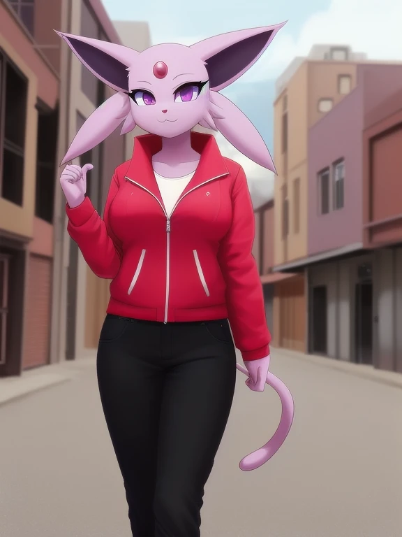 by jimothy288, espeon anthro, red jacket, black pants, solo, one character, purple eyes, female, breast