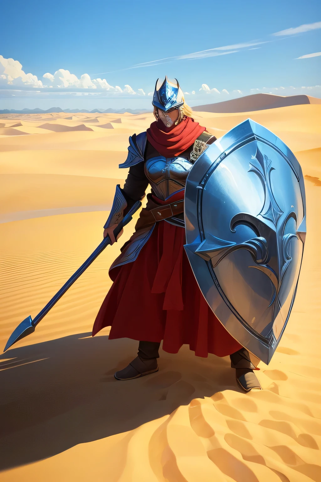 Strong man,Take a shield,is dressed in armor,wearing her helmet,in a desert,The flag,Big wind,cavalos