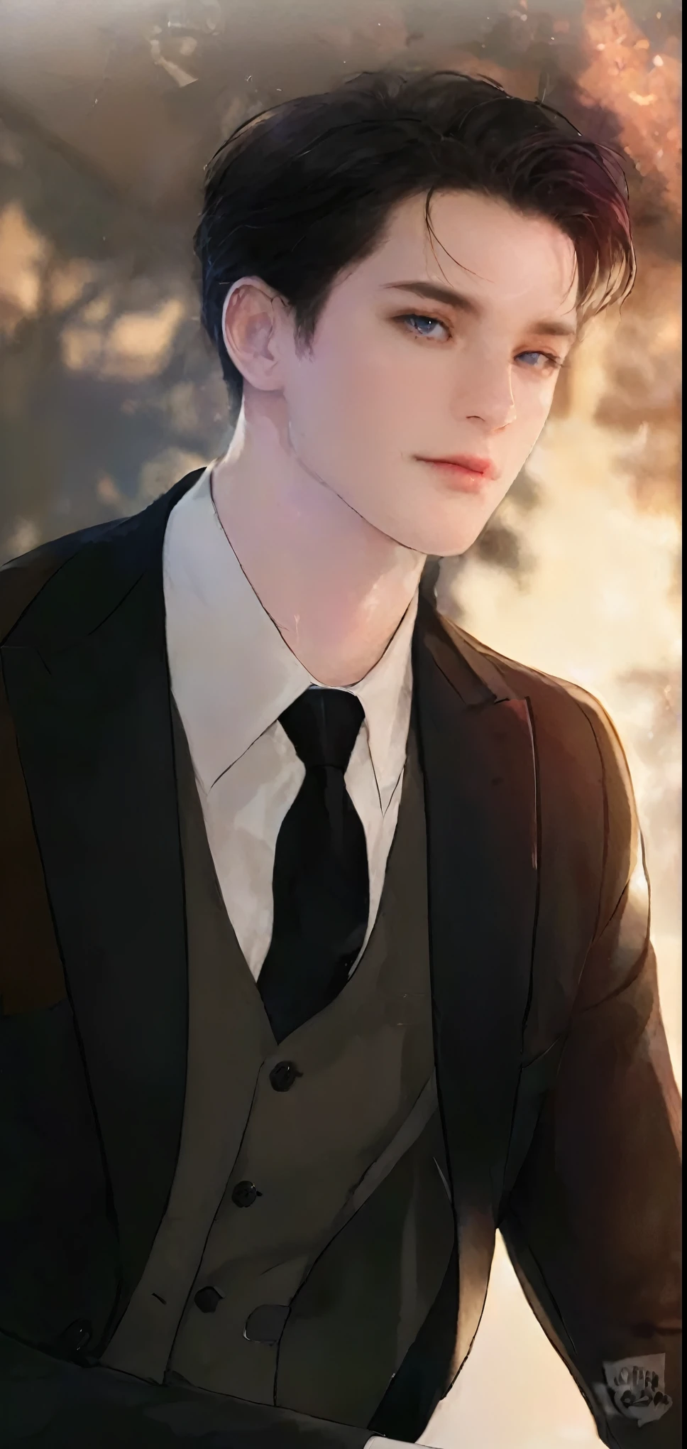 there is a man in a suit and tie sitting down, delicate androgynous prince, beautiful androgynous prince, handsome guy in demon slayer art, inspired by Bian Shoumin, artwork in the style of guweiz, anime handsome man, tall anime guy with blue eyes, handsome  pose, he is wearing a suit, high quality portrait, realistik