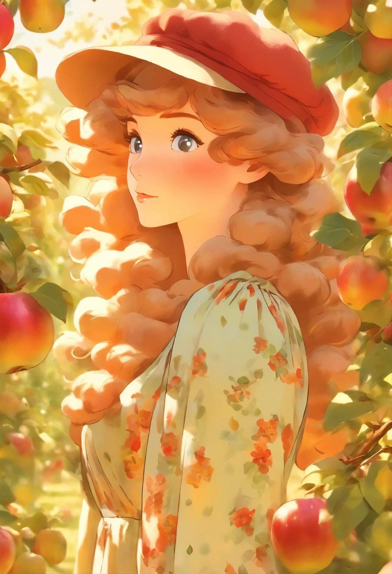 arafed woman in a floral dress and yellow hat standing in an apple orchard, a portrait inspired by Elsa Beskow, pexels, art nouveau, standing in an apple orchard, wearing a french beret, port 8 0 0 ", picking apples from a tree, an oversized beret, with curly red hair, renaissance autumnal, red hair and freckles