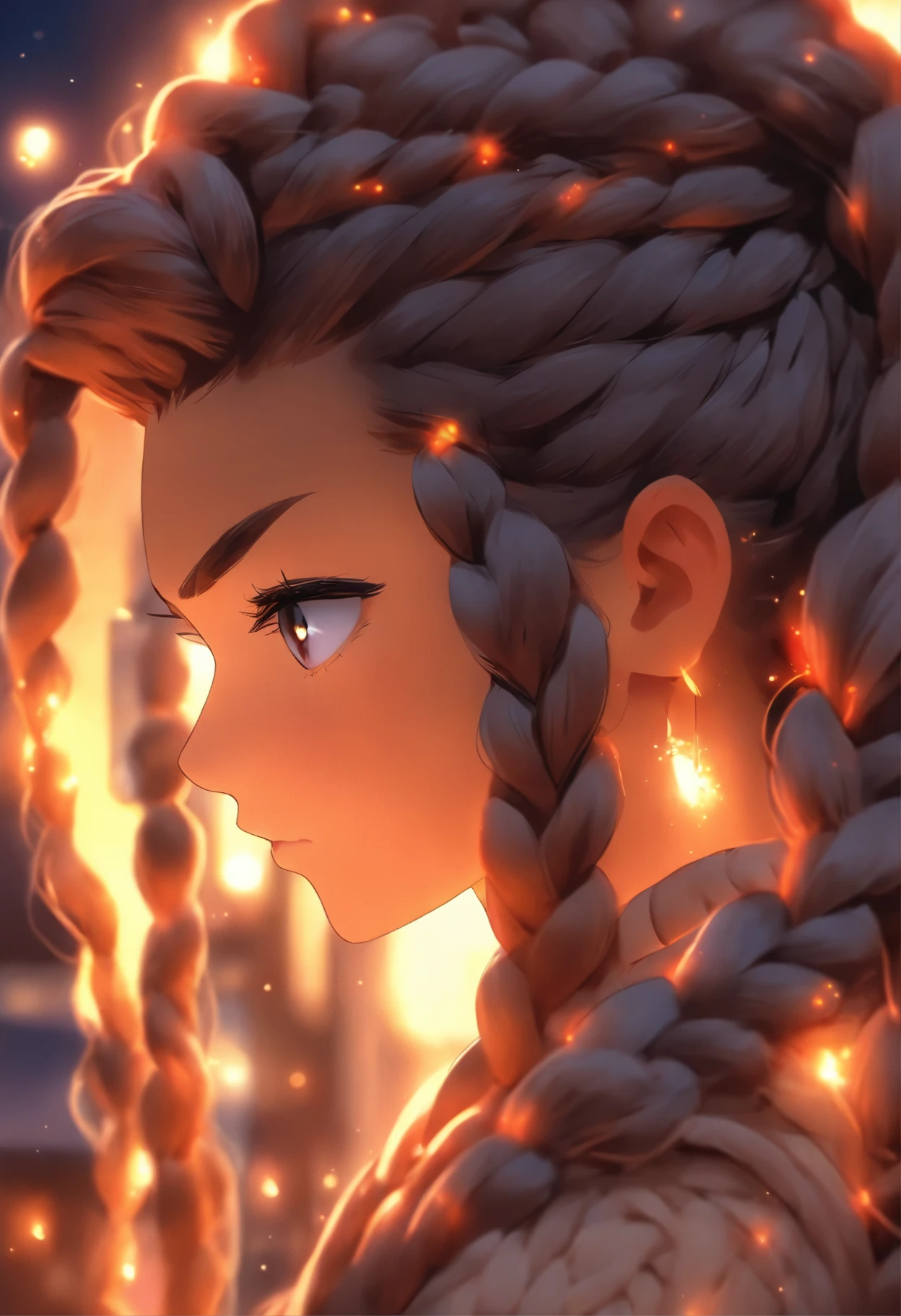 a close up of a woman with long hair in a braid, long braided hair, her hair is in a pony tail, long dark braided hair, long braided hair pulled back, long hairstyle, twisted braid, pretty long hair, braided hair. nightime, long braided curly brown hair, long flowing braided hair, two braids, twisted braids, neat braided hair