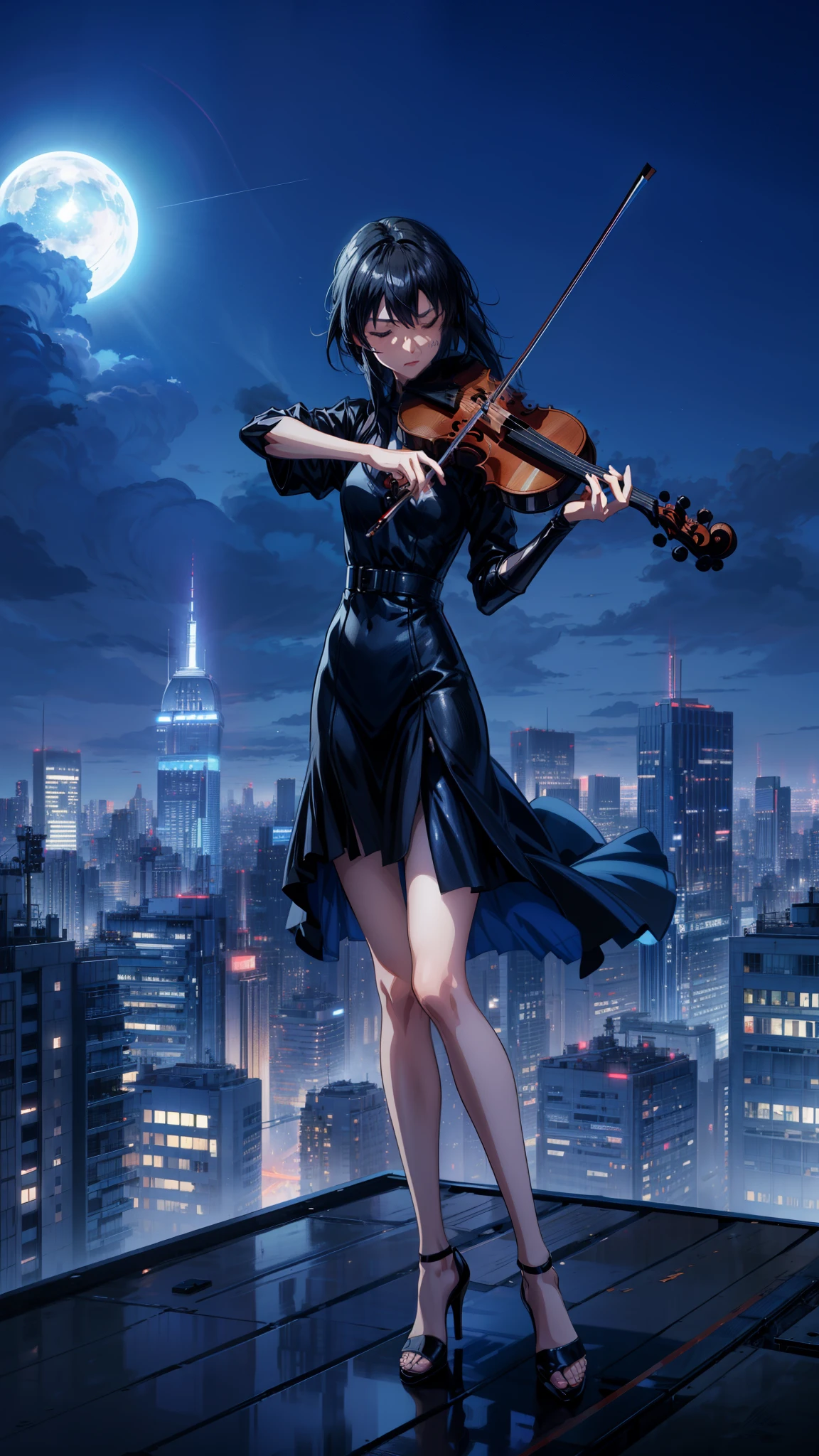 a woman in a black dress playing a violin over the top of building, eyes closed, long hair, night, blue cloudy sky, neon colors, city, neon city, cgsociety 9, anime style, anime movie, octane render. by makoto shinkai, standing on top of a violin, fantasy violin, violin, symphony, makoto shinkai and (cain kuga), makoto shinkai and artgerm, louvre contest winner, cgsociety - w 1 0 2 4 - n 8 - i