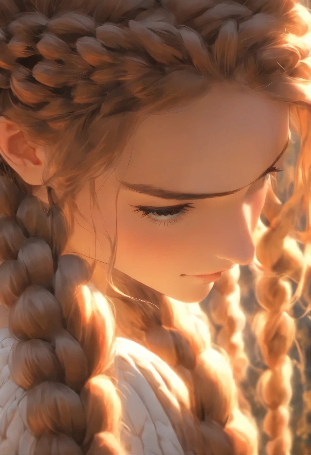 a close up of a woman with long hair in a braid, a photorealistic painting by Anna Haifisch, tumblr, pre-raphaelitism, long braided hair, her hair is in a pony tail, long dark braided hair, long braided hair pulled back, long hairstyle, twisted braid, pretty long hair, braided hair. nightime, long braided curly brown hair