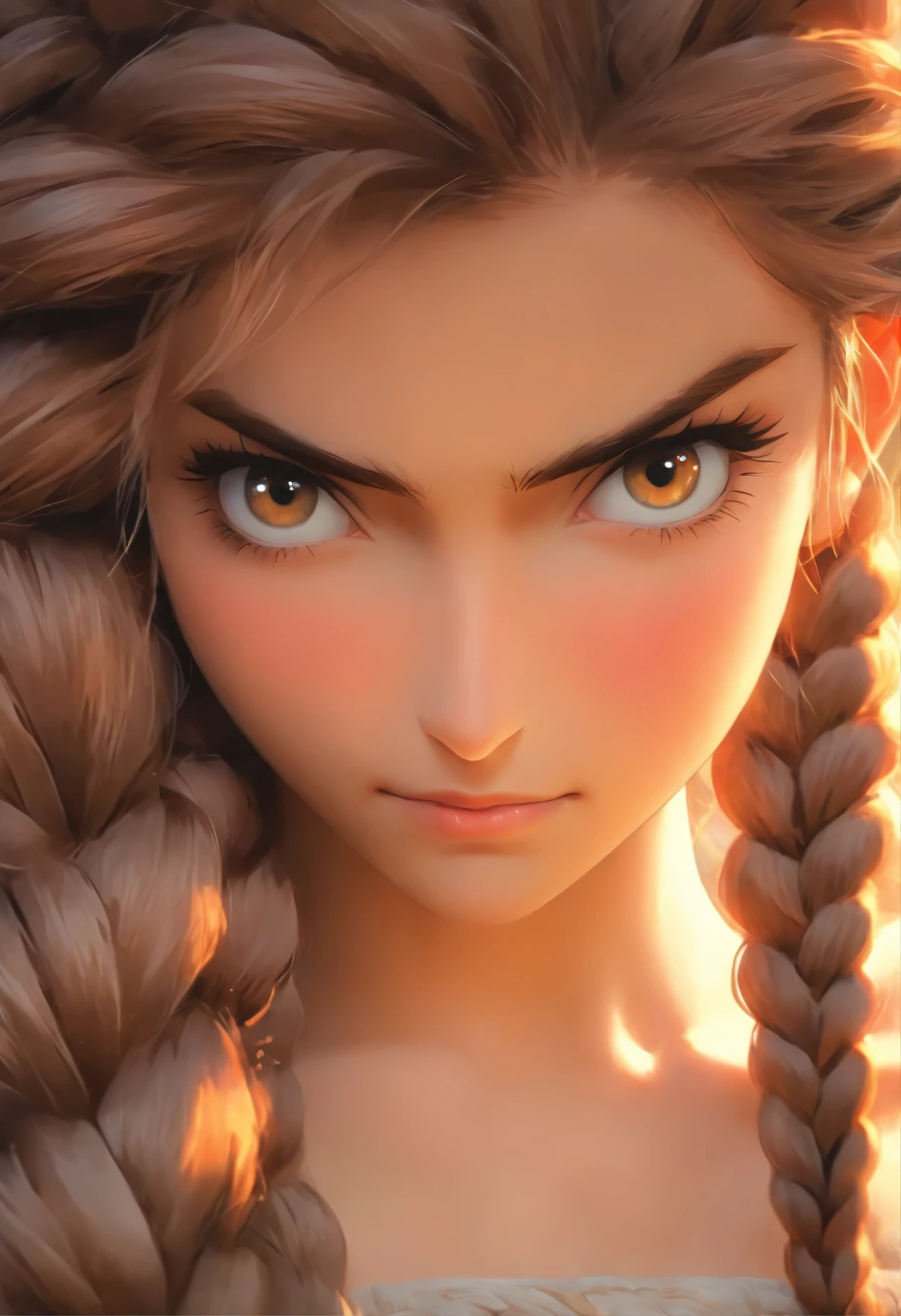 a close up of a woman with long hair in a braid, a photorealistic painting by Anna Haifisch, tumblr, pre-raphaelitism, long braided hair, her hair is in a pony tail, long dark braided hair, long braided hair pulled back, long hairstyle, twisted braid, pretty long hair, braided hair. nightime, long braided curly brown hair