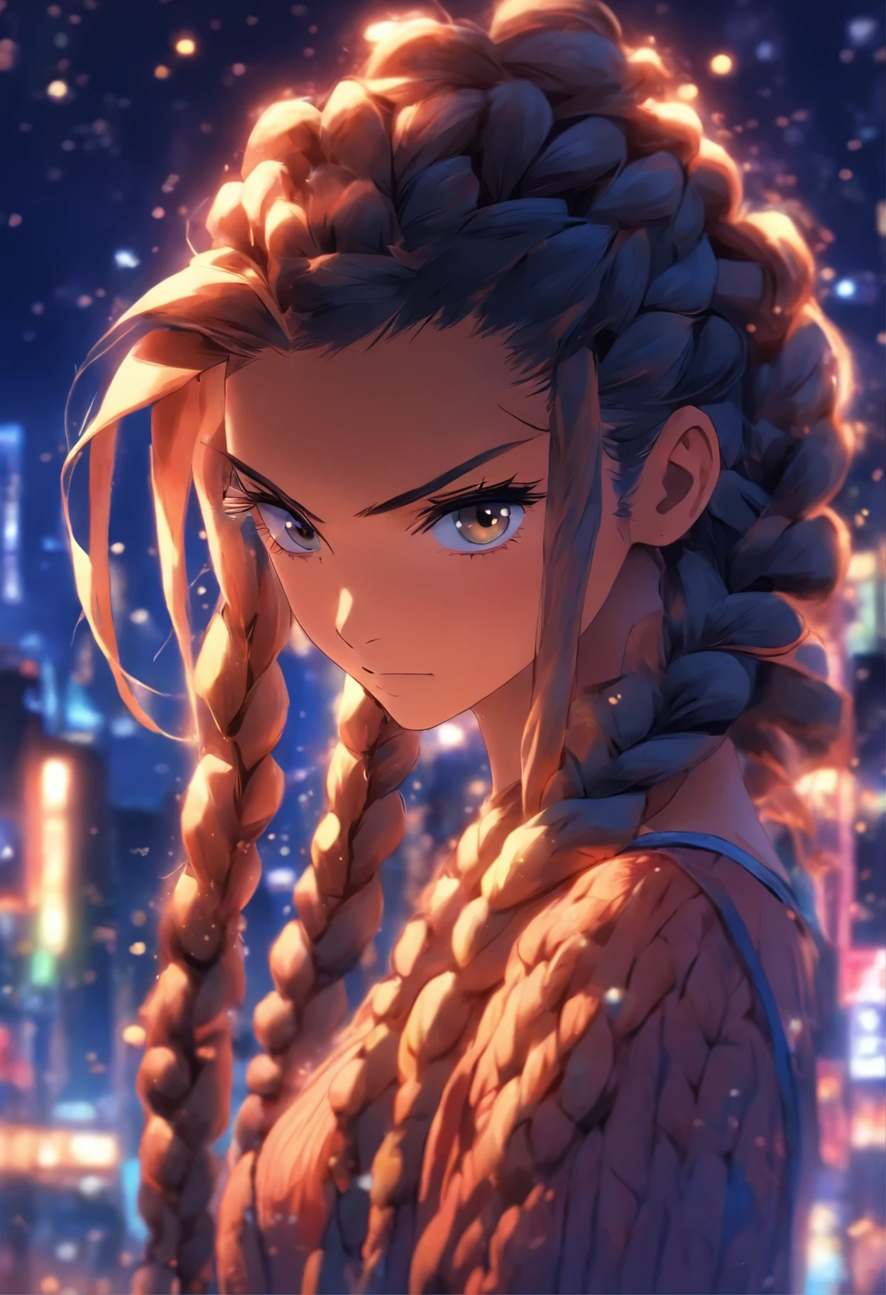 a close up of a woman with long hair in a braid, long braided hair, her hair is in a pony tail, long dark braided hair, long braided hair pulled back, long hairstyle, twisted braid, pretty long hair, braided hair. nightime, long braided curly brown hair, long flowing braided hair, two braids, twisted braids, neat braided hair