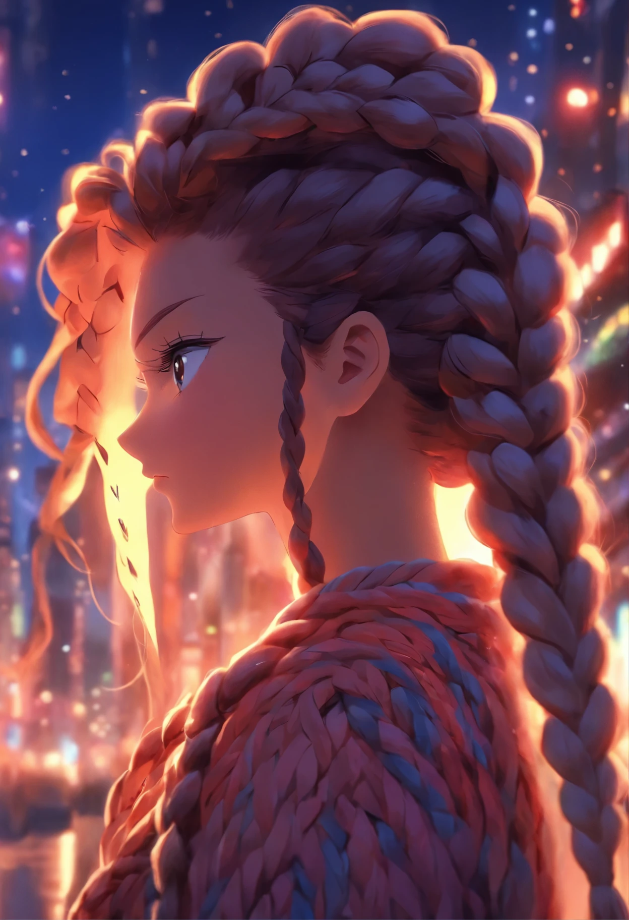 a close up of a woman with long hair in a braid, long braided hair, her hair is in a pony tail, long dark braided hair, long braided hair pulled back, long hairstyle, twisted braid, pretty long hair, braided hair. nightime, long braided curly brown hair, long flowing braided hair, two braids, twisted braids, neat braided hair