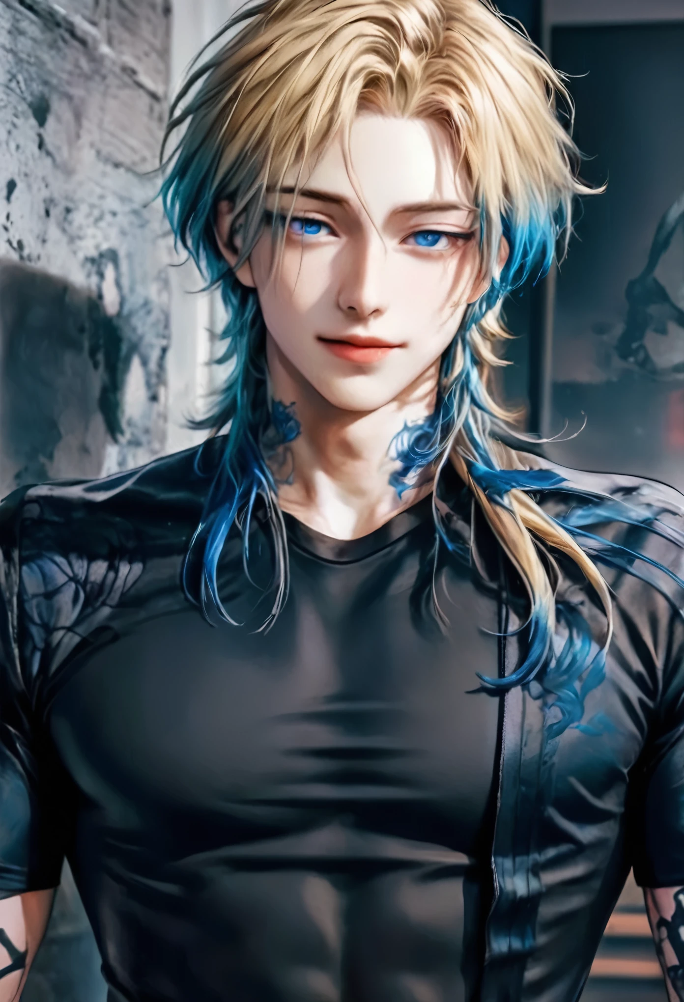 a close up of a person with a blue hair and a black shirt, tall anime guy with blue eyes, handsome guy in demon slayer art, male anime character, beautiful androgynous prince, attractive androgynous humanoid, by Yuumei, anime character, anime character; full body art, male anime style, anime handsome man, delicate androgynous prince
