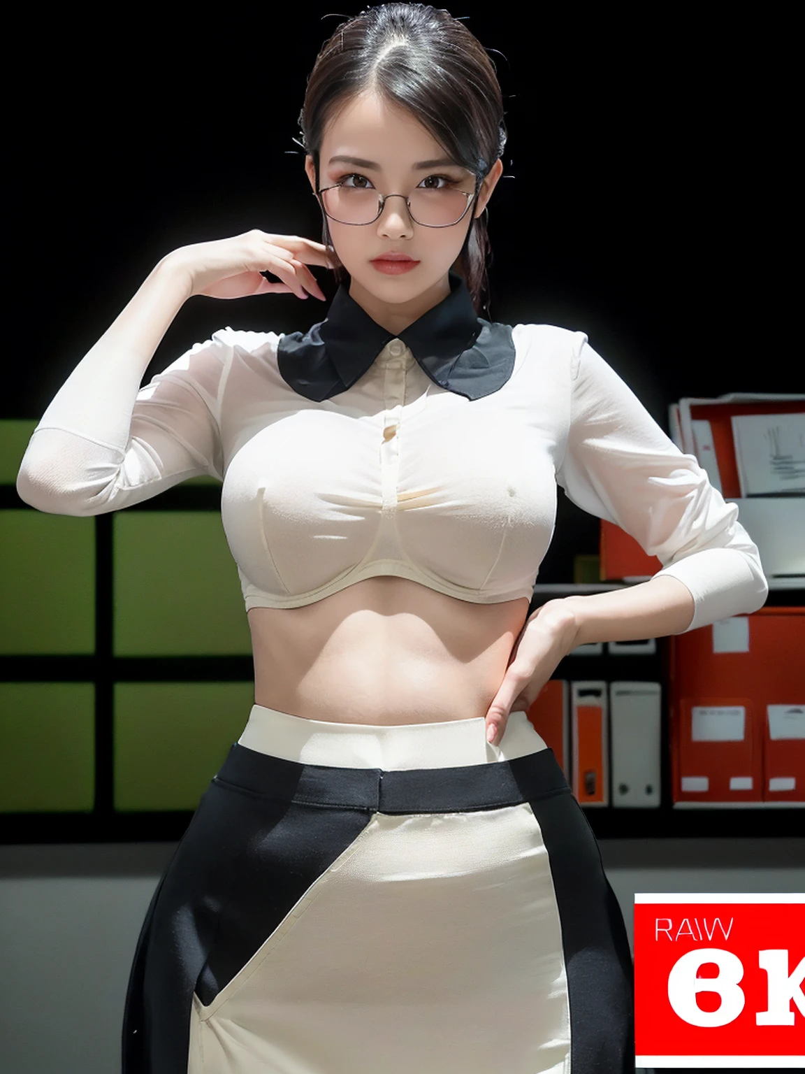 (8K,RAW Photos,highest quality,masterpiece:1.9),(Watching the audience:1.9)Erotic,Huge breasts,Very small waist,very thin legs,A dreamy look,(curby body:1.8),(Her white blouse is all buttoned up:1.8),(Black tight skirt:1.8),(Wearing square shaped glasses:1.7),(The background is an empty office:1.8),(not wearing a bra:1.9)