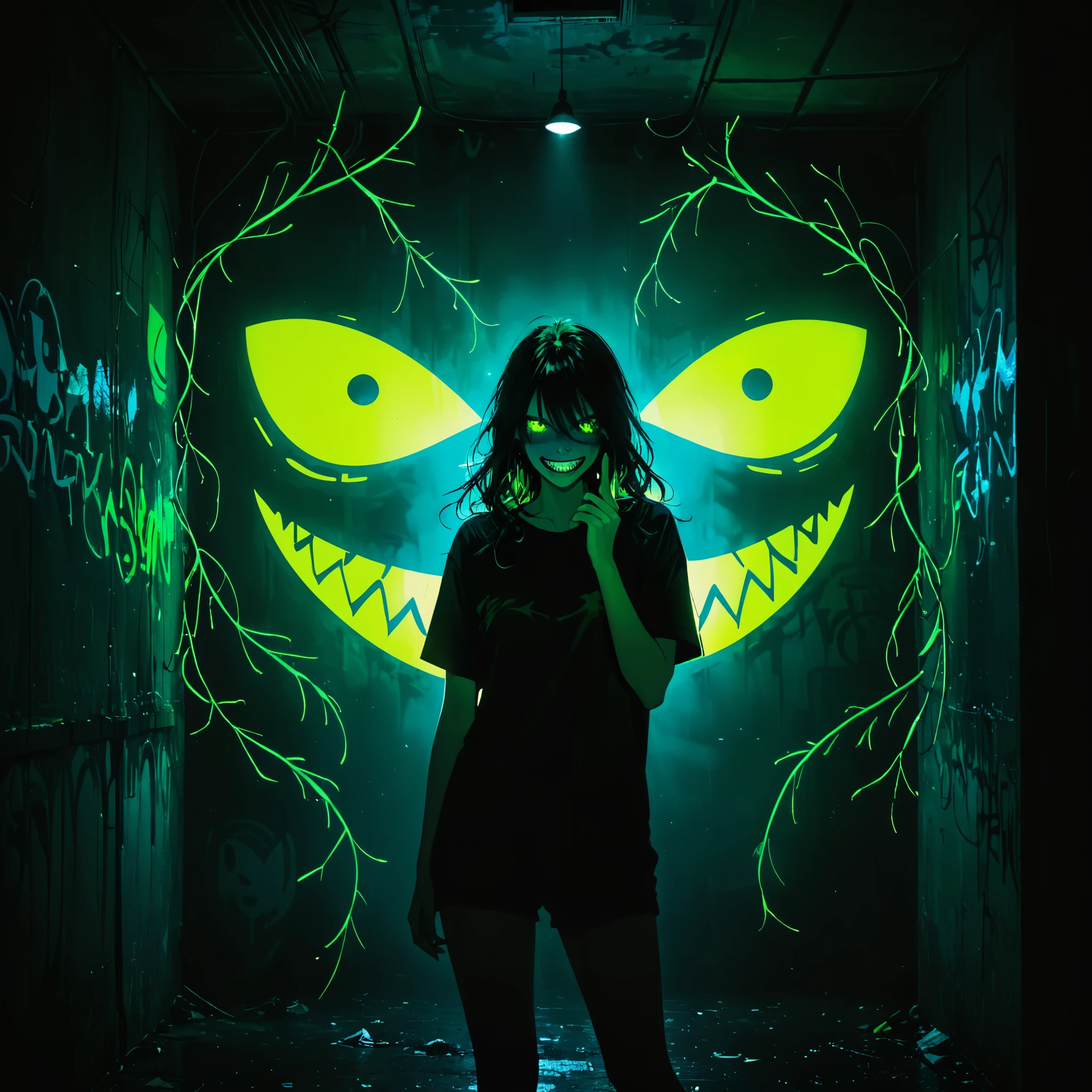 (Portrait of a mysterious giant eye)，indoor，Fluorescent illumination，(((Darkness shrouded)))，Wall background，black background，silhouette，shadow，extreme darkness，Minimalist graffiti style background，Fluorescent green ploy Skull pattern graffiti，Dark atmosphere，cowboy shot,1girl,Oversized black T-shirt，Medium Breast，Waistless T-shirt，（underboob），blurred background，Blurred foreground，Green fluorescent hair，Fluorescent green eyes，Hand raised and touching hair，long hair，Messy hair，Low rise denim shorts，Over-the-knee boots，pink eye shadow，Ruined eyeshadow，（Vanishing point，Depth of Field，Background blur），(Vines Covered Foreground:10），Grin，Open your mouth，Devil smiley，middle finger，Shark Teeth，Dark and Edgy、Surrealist elements、expressive brushstrokes、dynamic composition。\extreme detail description