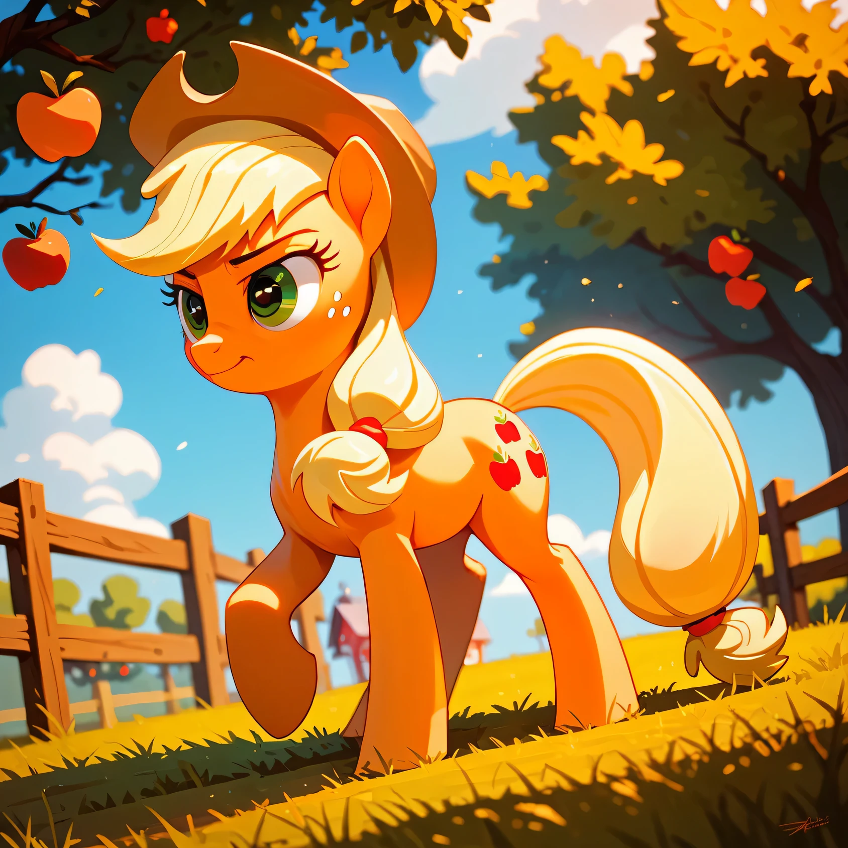 score_9, score_8_up, score_7_up, score_6_up, Applejack, the feral pony wearing a cowboy hat. a picturesque apple orchard set against a backdrop of a red barn and clouds in the sky. Rear view, nice butt, inviting expression with an innocent smile. 