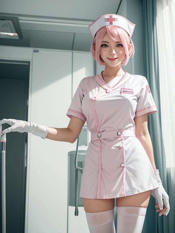 1woman, solo, nurse, nurse cap, white wear, ((white legwear, zettai ryouiki)), white gloves, pink hair, green eyes, drooping eyes, pink lips, smile, standing, ((hospital room)), sharp outline, short sleeves, mature female, 20 years old, best quality, masterpiece