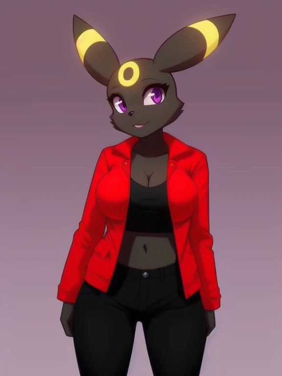 by jimothy288, umbreon anthro, red jacket, black pants, solo, one character, purple eyes, female, breast