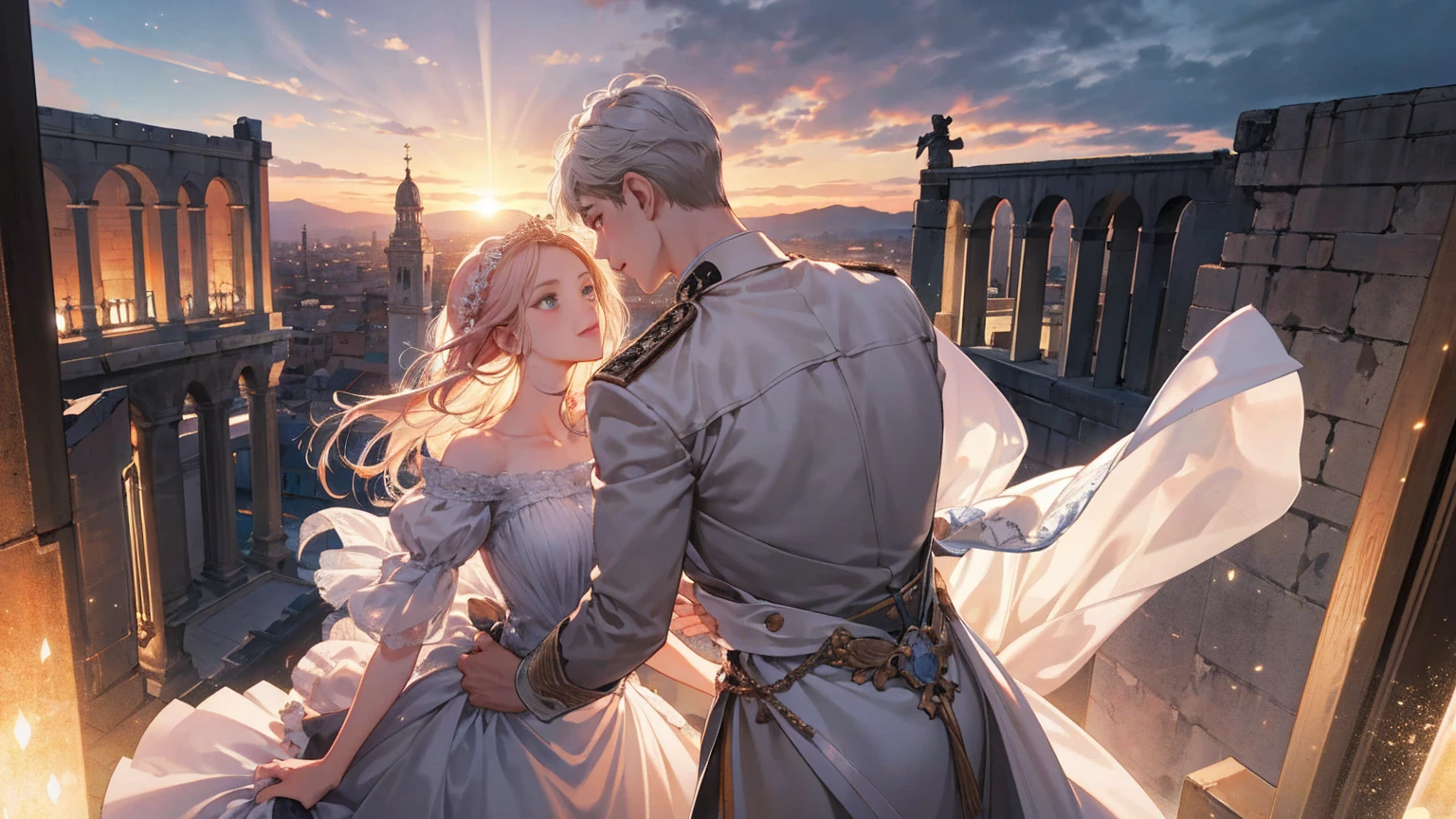 ((Highly detailed CG unity 8k wallpaper)), Roman Emperor Constantine the Great and a beautiful woman named Serdica, beloved by the Roman Emperor Constantine the Great. A happy couple. An eternal bond of love. Mutual affection. Pure love. romantic, sunset, back only, photorealistic The refreshing breeze of early summer.“My Rome is Serdica” amor.rome.Magnificent and lyrical. Dramatic. With admiration for Sofia, Bulgaria.epic. symphonic.dramatic , view background. urban. Super beautiful. high resolution. high quality. High resolution. digital art. Super beautiful. high resolution. high quality. High resolution. digital art.