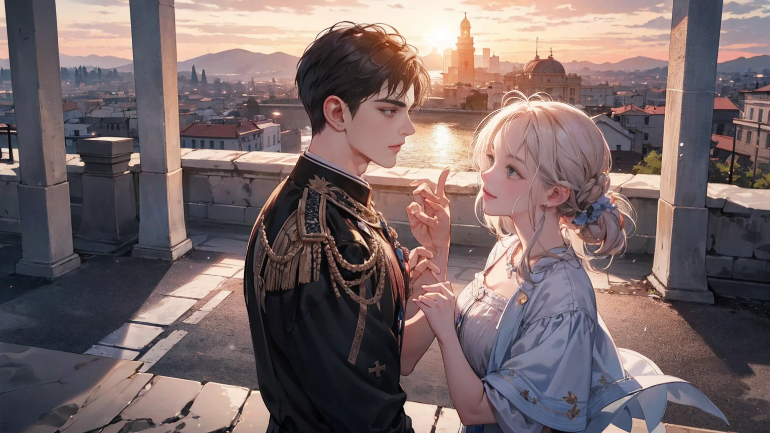 ((Highly detailed CG unity 8k wallpaper)), Roman Emperor Constantine the Great and a beautiful woman named Serdica, beloved by the Roman Emperor Constantine the Great. A happy couple. An eternal bond of love. Mutual affection. Pure love. romantic, sunset, back only, photorealistic The refreshing breeze of early summer.“My Rome is Serdica” amor.rome.Magnificent and lyrical. Dramatic. With admiration for Sofia, Bulgaria.epic. symphonic.dramatic , view background. urban. Super beautiful. high resolution. high quality. High resolution. digital art. Super beautiful. high resolution. high quality. High resolution. digital art.