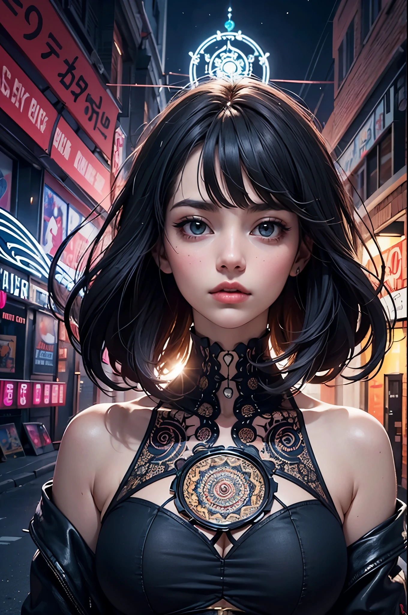 Centered, symmetrical, portrait official art, unity 8k wallpaper, ultra detailed, beautiful and aesthetic, masterpiece, best quality, (zentangle, mandala, tangle, entangle), (fractal art:1.3) , 1girl, extremely detailed, dynamic angle, vivid colours, romanticism, atmospheric, ecstasy of musical notes, streaming musical notes visible. Luminous light. Luminous, 4K, highly detailed Cyberpunk alley at night.