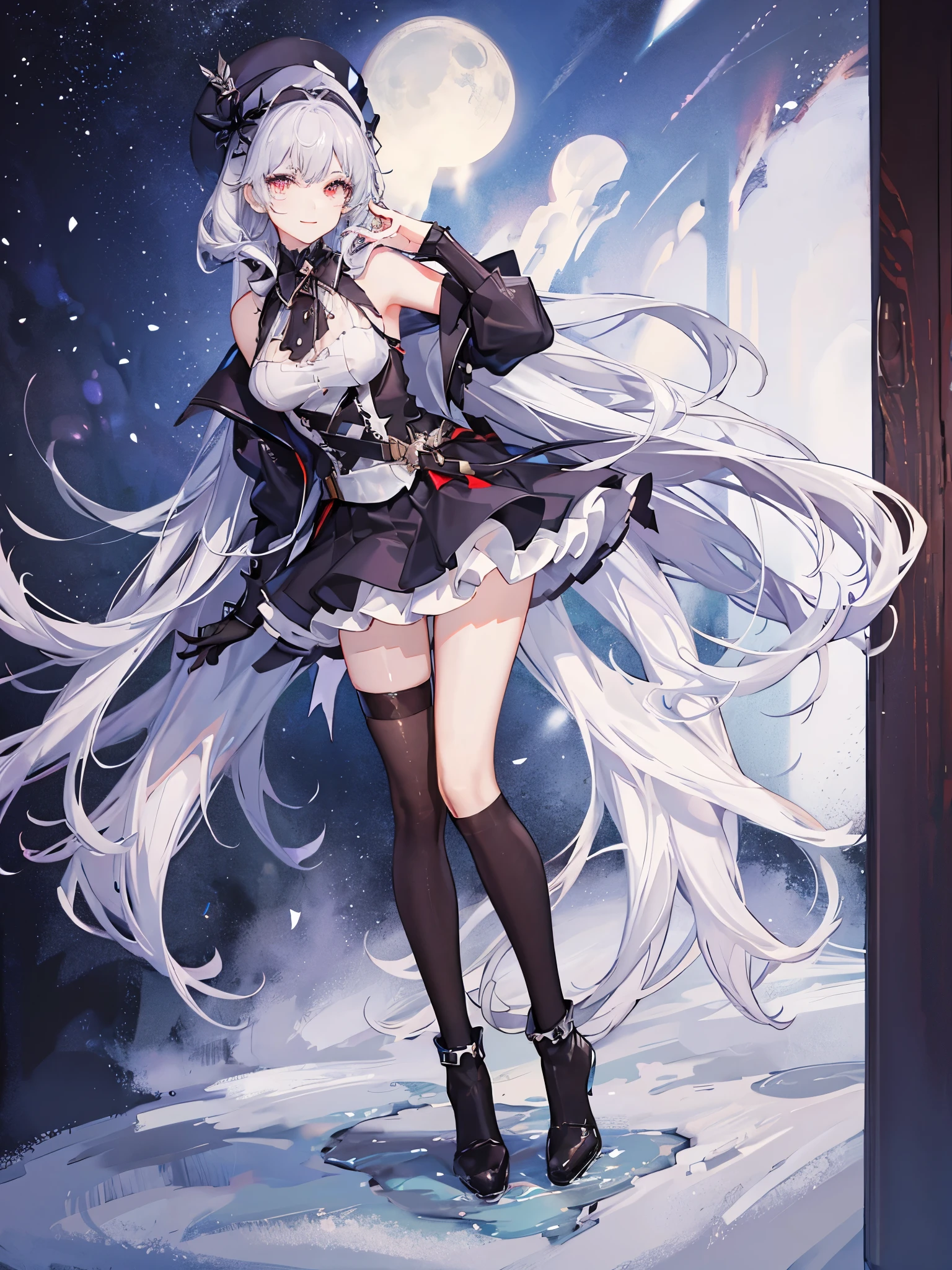Sfw,1girl,solo,female photo,She has a black umbrella with white frills,white panties,Gothic and Lolita,platform shoes,(heterochromia,purple eye,yellow eye),big breasts,beautiful face, navy long hair,mysterious mood,in the night,moolight,best quality, high quality, (((masterpiece))), HD,4K,8K