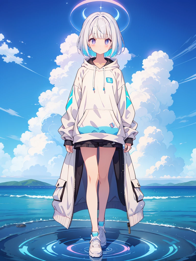 1girl、pleochroism、Holographic colored loose tracksuit style long hoodie、Rib knit cuffs and hem、vtuber-fullbody、Milky white short hair、