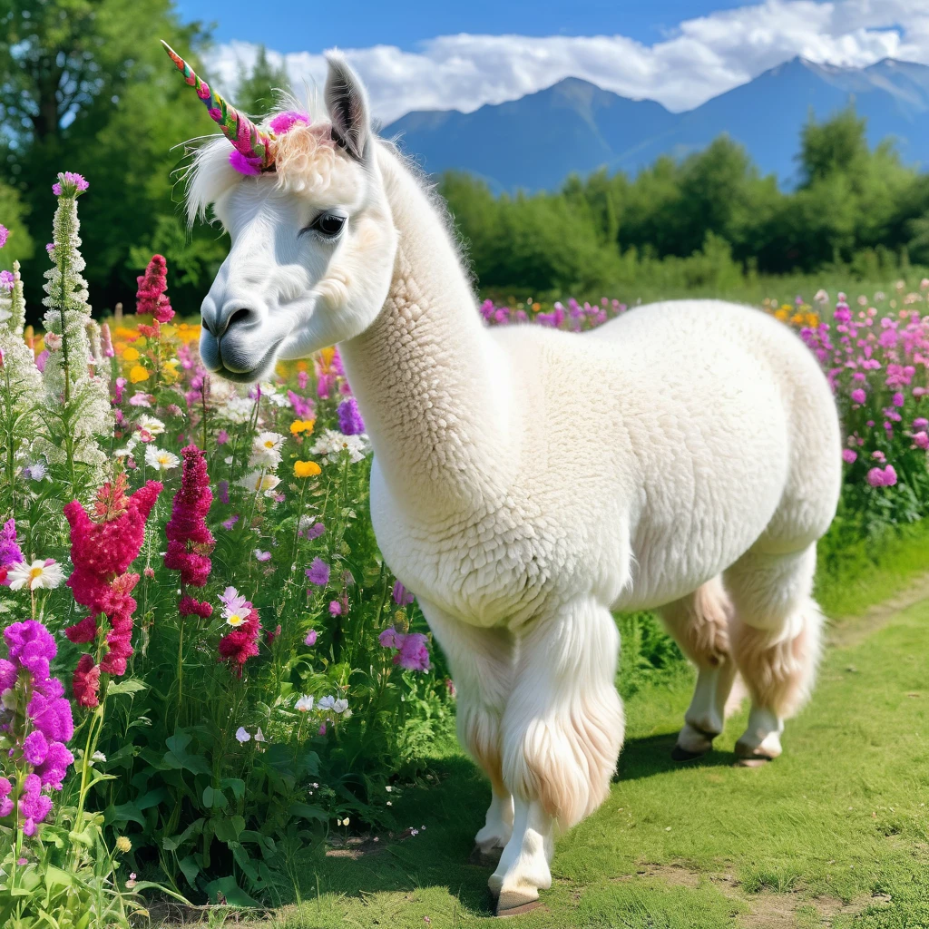 A magical unicorn Alpaca grazes in a field full of flowers, show the entire unicorn