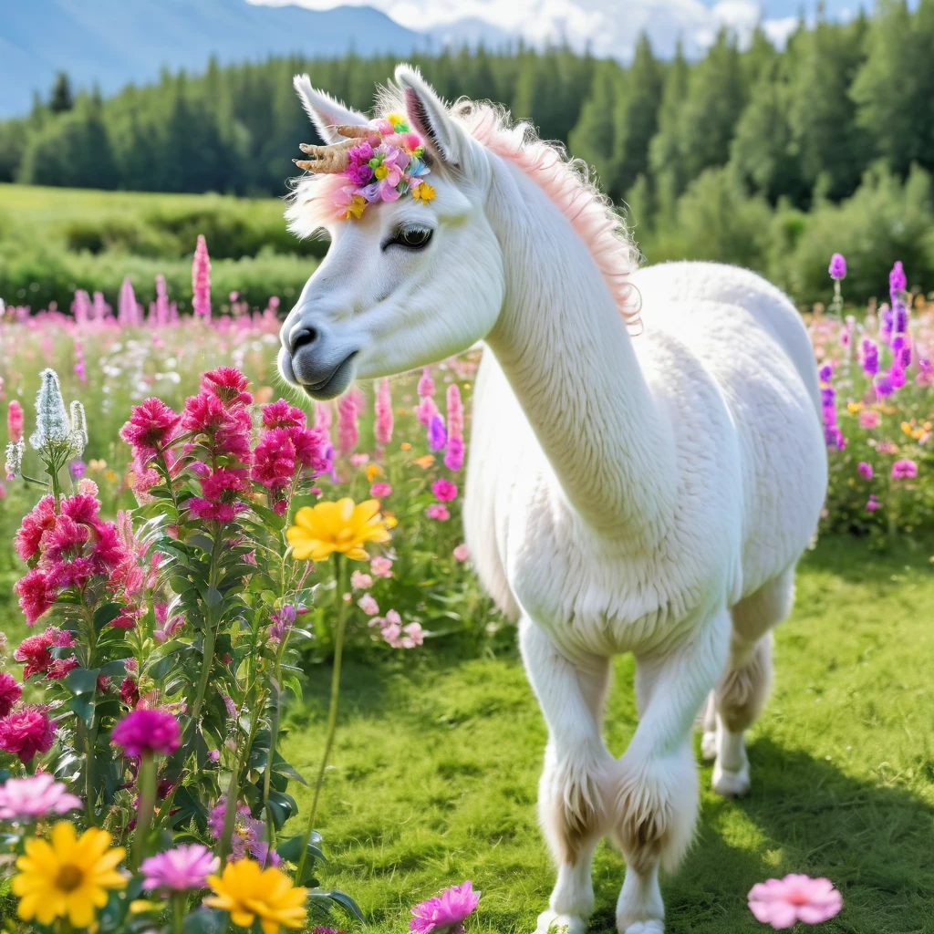 A magical unicorn Alpaca grazes in a field full of flowers, show the entire unicorn