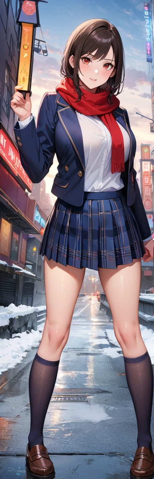(highest quality, 8k, 32k, masterpiece, 超High resolution:1.2), (RAW Photos), (Realistic), (photoRealistic:1.2), (High resolution), Large file size, Very detailed, a7SIII., serafuku, masterpiece、3D、Realistic、Ultramicrograph、Detailed and best quality、Very detailed CG Unity 8k wallpaper、full:1.3、stand、From below、Intricate details、(1 female,housewife)、24-years-old、Dynamic English、(highest quality, Tabletop: 1.1), (Realistic: 1.3), (photoRealistic: 1.3),wallpaper, break (((FF7,Tifa_Lockhart))),(((A loose, thick knit scarf))),(((Japanese JK Uniform,Navy Blue Blazer,School Shirt,Long sleeve,Navy blue plaid pleated mini skirt,Dark blue short socks,loafers))),((Hair is in the scarf)),(Big city in the background,Shibuya Ward:1.1,Hard snow:1.3,neon:1.2),Cinema Lighting,City lights at night,(Sculpture Pose:1.3,Nogizaka Idol),Highly detailed face, Fine grain,Red eyes, break (((FF7,Tifa_Lockhart))),(Black brown hair, big breasts: 1.0), ,cute,Sensual,View your viewers,Beautiful feet,