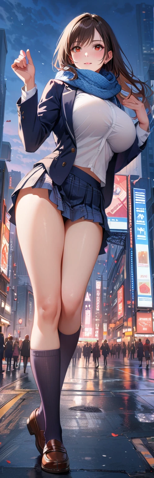 (highest quality, 8k, 32k, masterpiece, 超High resolution:1.2), (RAW Photos), (Realistic), (photoRealistic:1.2), (High resolution), Large file size, Very detailed, a7SIII., serafuku, masterpiece、3D、Realistic、Ultramicrograph、Detailed and best quality、Very detailed CG Unity 8k wallpaper、full:1.3、stand、From below、Intricate details、(1 female,housewife)、24-years-old、Dynamic English、(highest quality, Tabletop: 1.1), (Realistic: 1.3), (photoRealistic: 1.3),wallpaper, break (((FF7,Tifa_Lockhart))),(((A loose, thick knit scarf))),(((Japanese JK Uniform,Navy Blue Blazer,School Shirt,Long sleeve,Navy blue plaid pleated mini skirt,Dark blue short socks,loafers))),((Hair is in the scarf)),(Big city in the background,Shibuya Ward:1.1,Hard snow:1.3,neon:1.2),Cinema Lighting,City lights at night,(Sculpture Pose:1.3,Nogizaka Idol),Highly detailed face, Fine grain,Red eyes, break (((FF7,Tifa_Lockhart))),(Black brown hair, big breasts: 1.0), ,cute,Sensual,View your viewers,Beautiful feet,