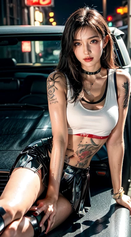 Top image quality、超A high resolution、The ultra -The high-definition、Photoquality(photographrealistic:1.8)、pores、accuracy、Post-war world、Ruined city、Pile of rubble、Dust、Mad MAX、Camaro in '69、red hairs、Oriental Woman、30-years old、tanned brown skin、Show off your breasts、Tattoo on the bust top、Tattoo of a rose on the chest、Smaller chest、Show your boob、Tight skirt in black leather、Leather choker、Gold Bracelet、tattoos on the legs、 holding a pistol in hand、Hanging a knife on the waist、numerous tattoos on the upper body,、skull、skeletal、Sitting on the hood of the car、