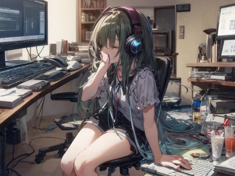 anime girl sitting on a chair With headphones on and a computer, Anime Style 4 k, Nightcore, 4k anime wallpaper, With headphones, anime wallpaper 4k, anime wallpaper 4k, anime art wallpaper 4k, anime art wallpaper 4k, Best Anime 4K Konachan Wallpaper, anime art wallpaper 8k, Anime Style. 8k