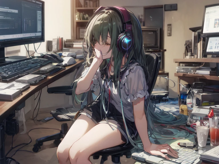anime girl sitting on a chair With headphones on and a computer, Anime Style 4 k, Nightcore, 4k anime wallpaper, With headphones, anime wallpaper 4k, anime wallpaper 4k, anime art wallpaper 4k, anime art wallpaper 4k, Best Anime 4K Konachan Wallpaper, anime art wallpaper 8k, Anime Style. 8k