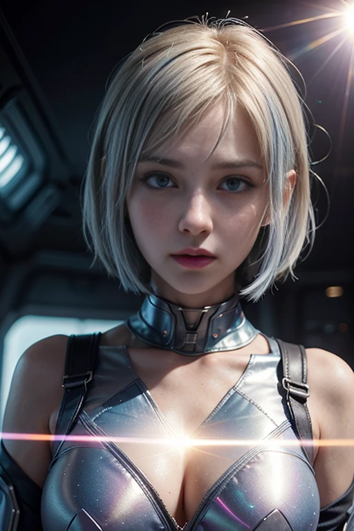 1girl, solo, female focus, , medium chest, blue hair, blonde hair, purple eyes, two tone hair, depth of field, standing in a spaceship, (fantasy), (lens flare, light leak, prismastic), shiny skin, cg, (sidelighting), (cyberpunk), dynamic angle, (close up),