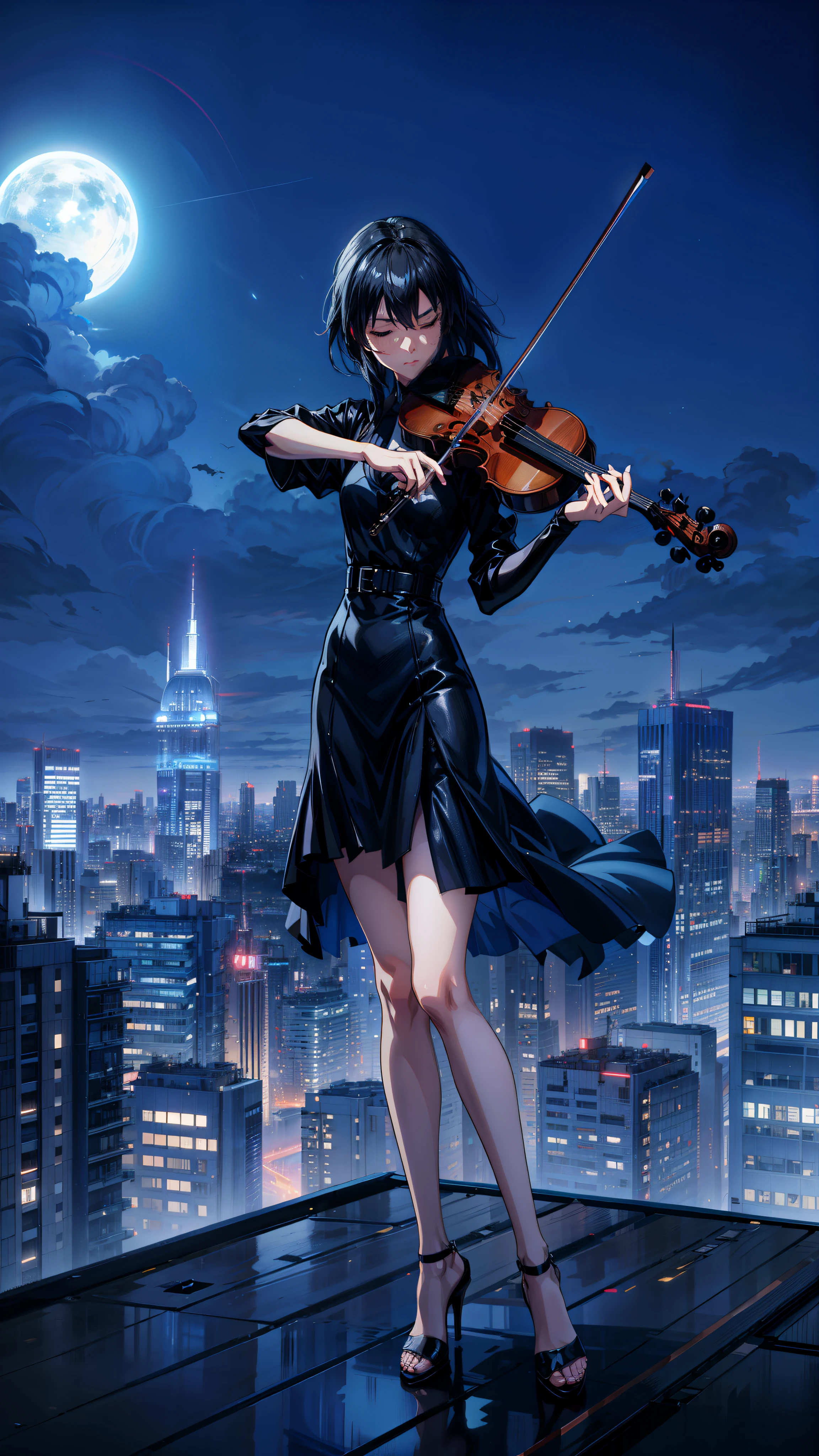 a woman in a black dress playing a violin over the top of building, eyes closed, long hair, night, blue cloudy sky, neon colors, city, neon city, cgsociety 9, anime style, anime movie, octane render. by makoto shinkai, standing on top of a violin, fantasy violin, violin, symphony, makoto shinkai and (cain kuga), makoto shinkai and artgerm, louvre contest winner, cgsociety - w 1 0 2 4 - n 8 - i