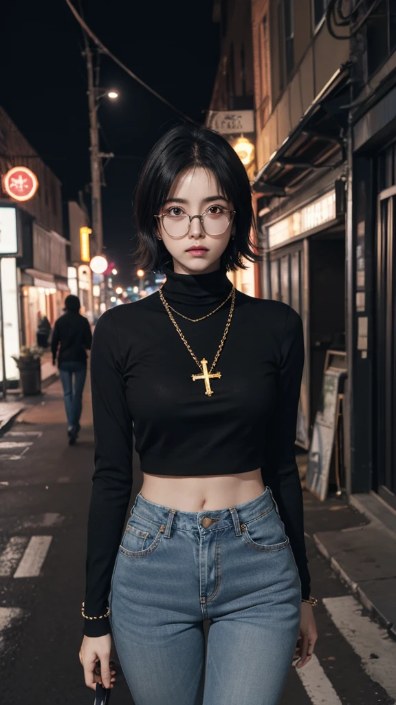 (masterpiece, highest quality, detailed), One girl, alone, View your viewers, ShizukuDef, Purple eyes, Glasses, Black Hair, short hair, large chest, chest, medium chest, antenna hair, Long sleeve, jewelry, pants, necklace, bracelet, sweater, turtleneck, Thigh Gap, cross, denim, jeans, cross necklace, latin cross, inverted cross, Hunter x Hunter, alley, Industrial Pipes, building, Urban, Power Lines, night, Neon Signs, dark, night, Contrasting, 