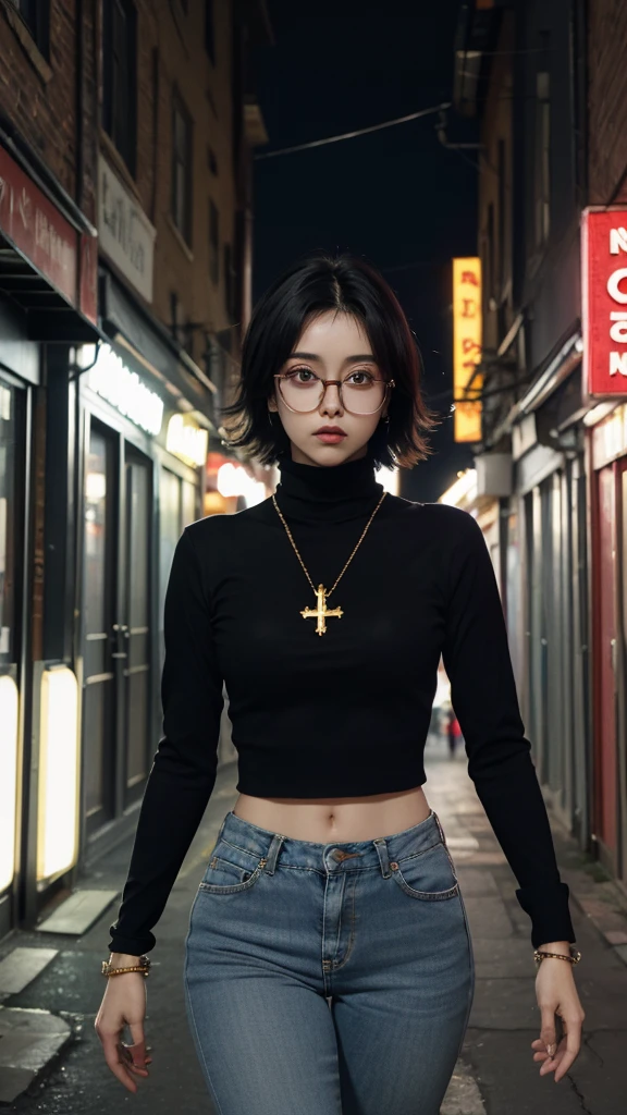 (masterpiece, highest quality, detailed), One girl, alone, View your viewers, ShizukuDef, Purple eyes, Glasses, Black Hair, short hair, large chest, chest, medium chest, antenna hair, Long sleeve, jewelry, pants, necklace, bracelet, sweater, turtleneck, Thigh Gap, cross, denim, jeans, cross necklace, latin cross, inverted cross, Hunter x Hunter, alley, Industrial Pipes, building, Urban, Power Lines, night, Neon Signs, dark, night, Contrasting, 