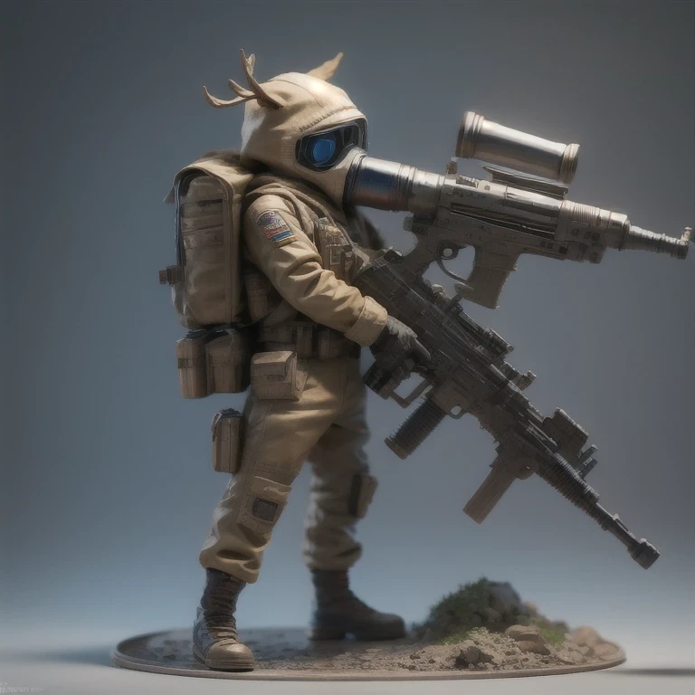 ((Side view))(Fabric flax)(vinyl toy figurineUHD 8K)Alafud Soldier with gas mask and gun, Sanya Toys, Guerrilla, vinyl toy figurine, Highly detailed toys, Future combat equipment, Stop motion vinyl characters, Soldier, Marmoset Rendering, camouflage equipment, Octane Rendering”, Octane Rendering((Deer head future man)), Ninja, Vinyl Action Figures, Personagem pequeno. Unreal Engine 5, PVC figurines, Octane Rendering (((one boy)))