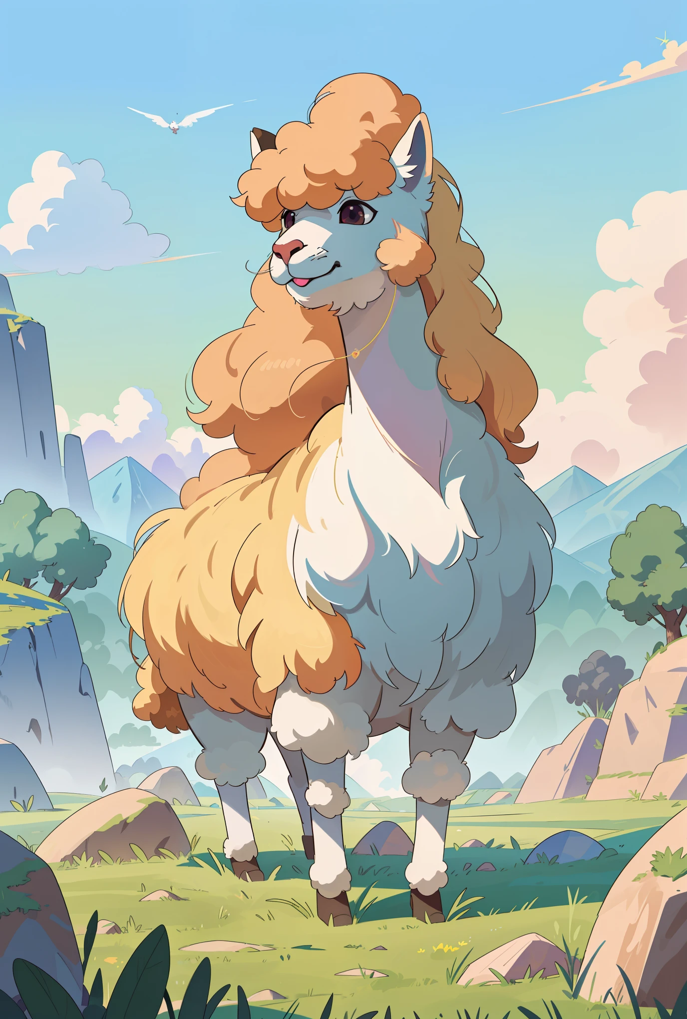 A majestic alpaca standing in a mysterious atmosphere, embodying ancient legends and the deity of the grasslands. The alpaca is portrayed with a sense of power and mystery, surrounded by an aura of ancient rituals. The scene is depicted with surrealistic elements, evoking a mystical and powerful presence. The image quality is (best quality,4k,8k,highres,masterpiece:1.2), ultra-detailed, (realistic,photorealistic,photo-realistic:1.37), with HDR, UHD, and vivid colors. The artwork is created in an illustrative style, capturing the essence of ancient folklore and spiritual significance.